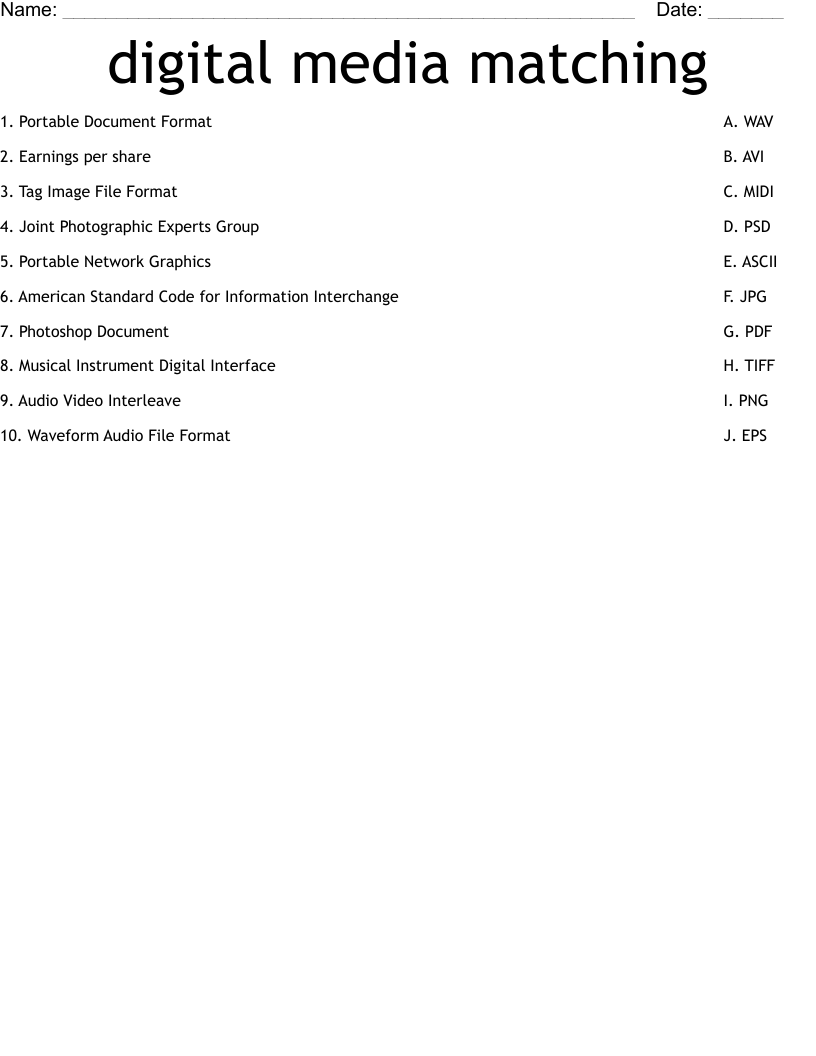 digital media matching Worksheet