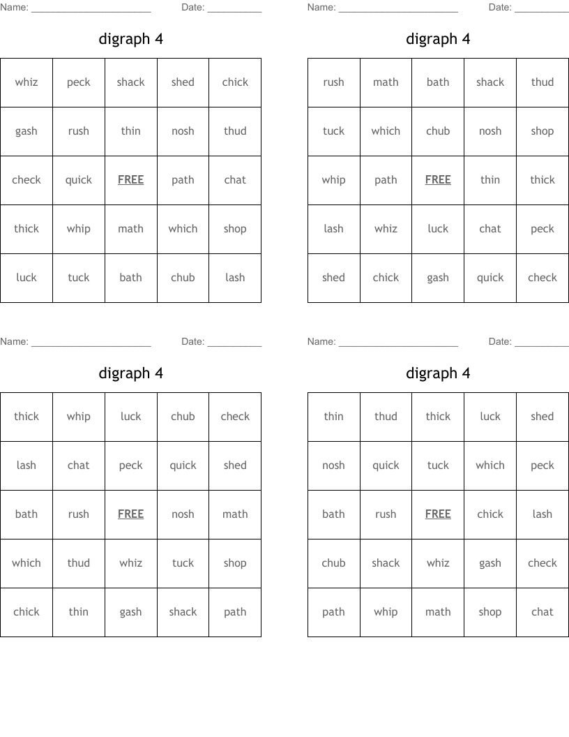 digraph 4 Bingo Cards