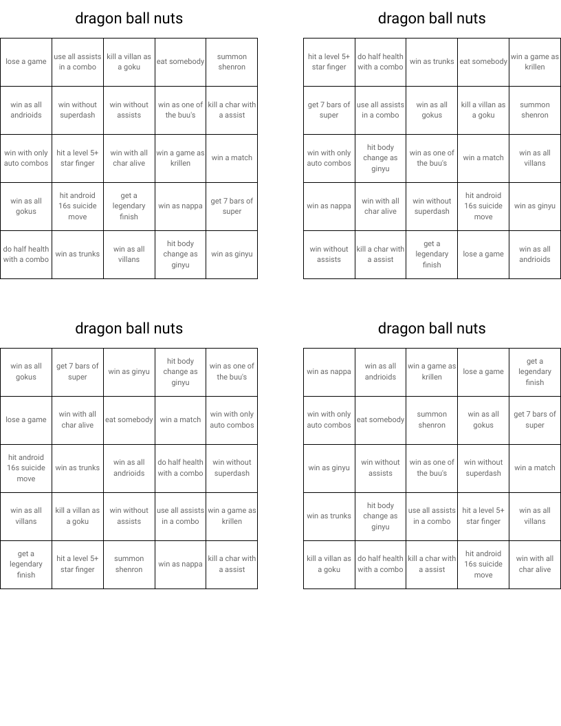 dragon ball nuts Bingo Cards