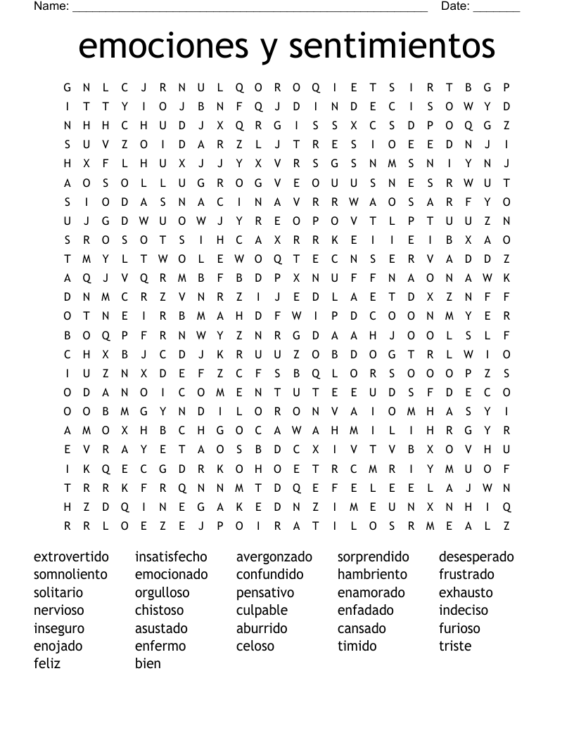emociones y sentimientos  Word Search