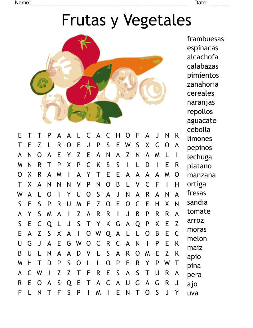 Frutas y Vegetales Word Search