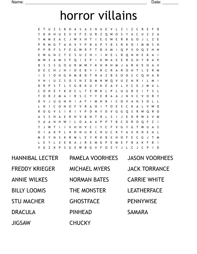 horror villains Word Search