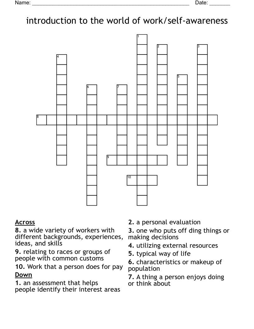 introduction to the world of work/self-awareness Crossword