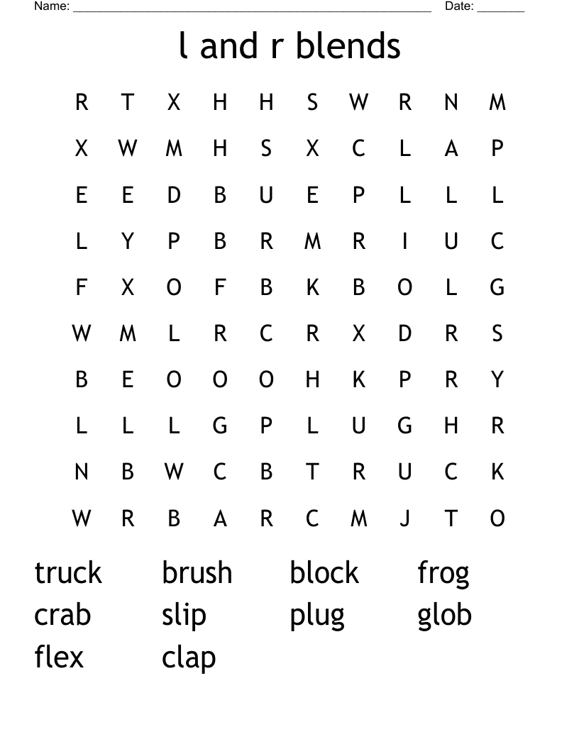 l and r blends Word Search