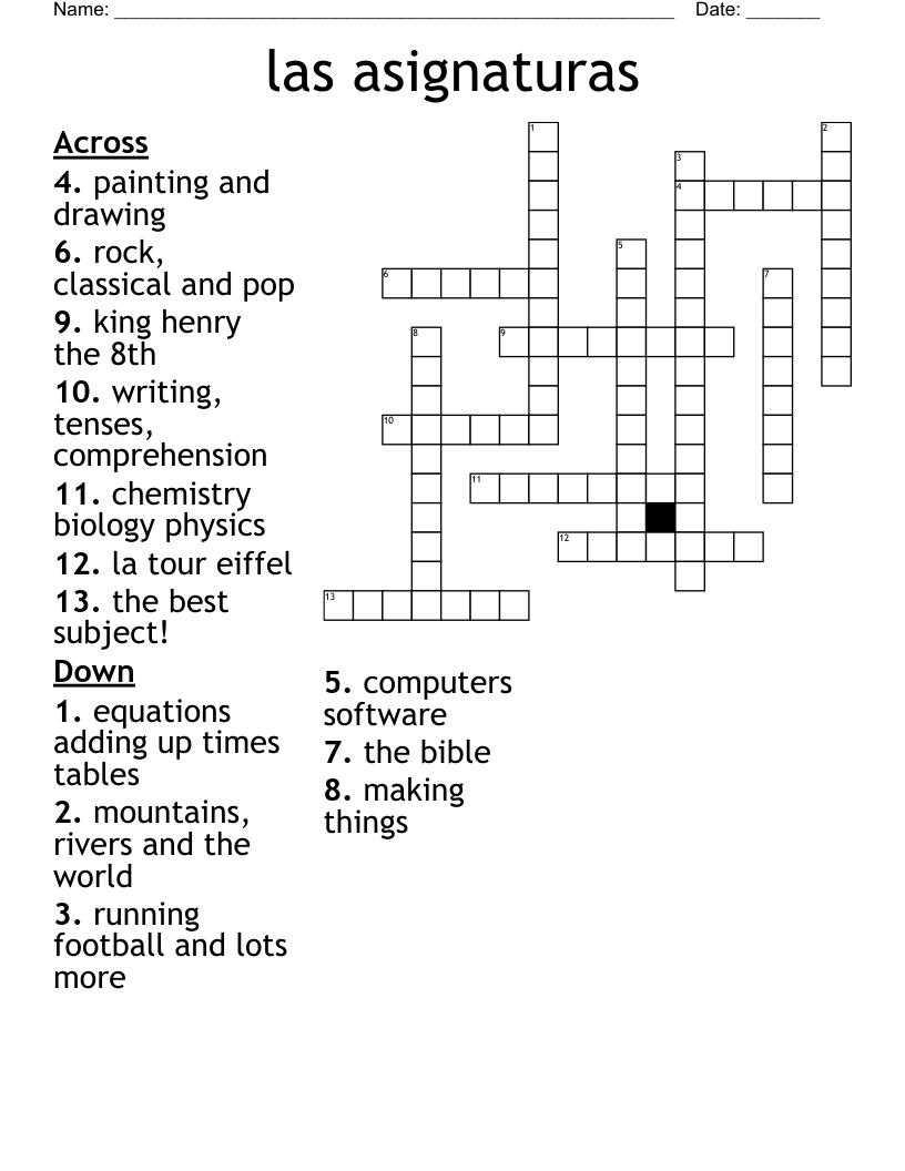 las asignaturas Crossword