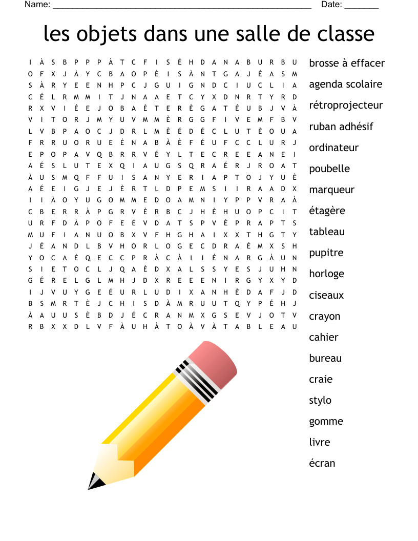 les objets dans une salle de classe Word Search