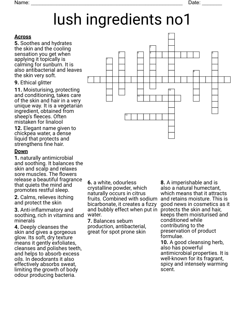 lush ingredients no1 Crossword