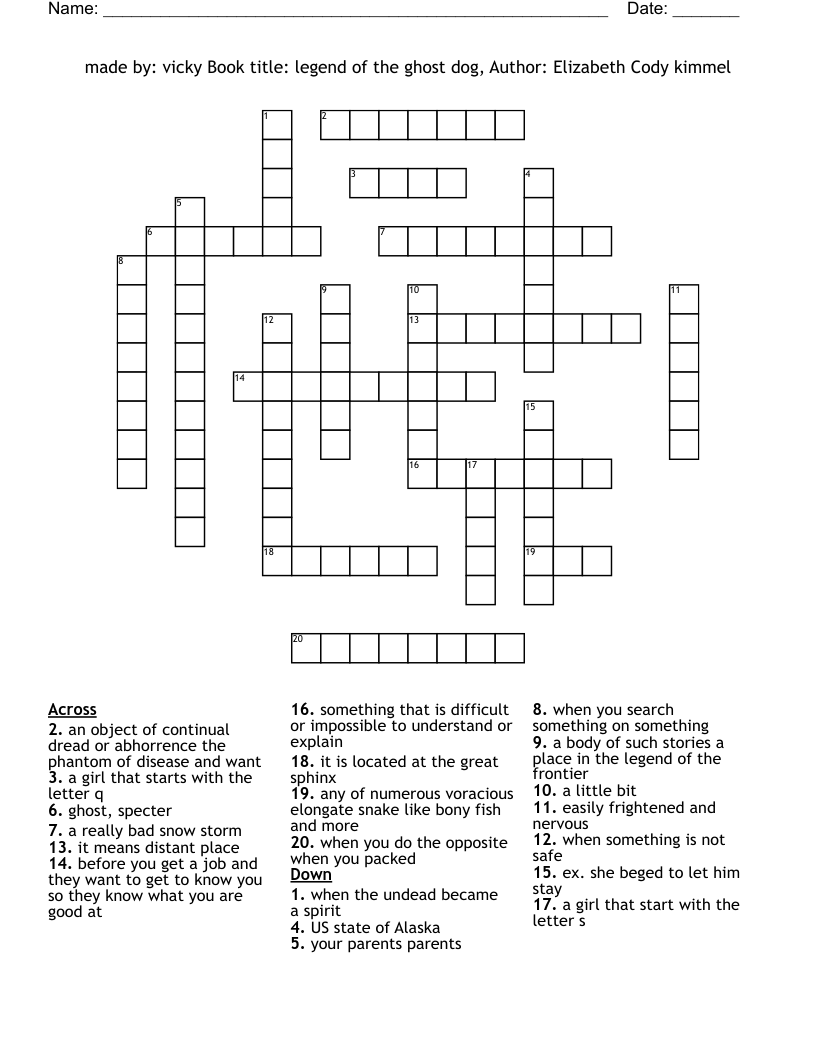 made by: vicky Book title: legend of the ghost dog, Author: Elizabeth Cody kimmel Crossword