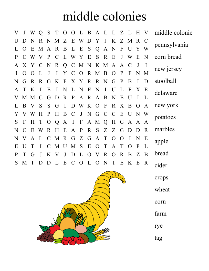 middle colonies Word Search