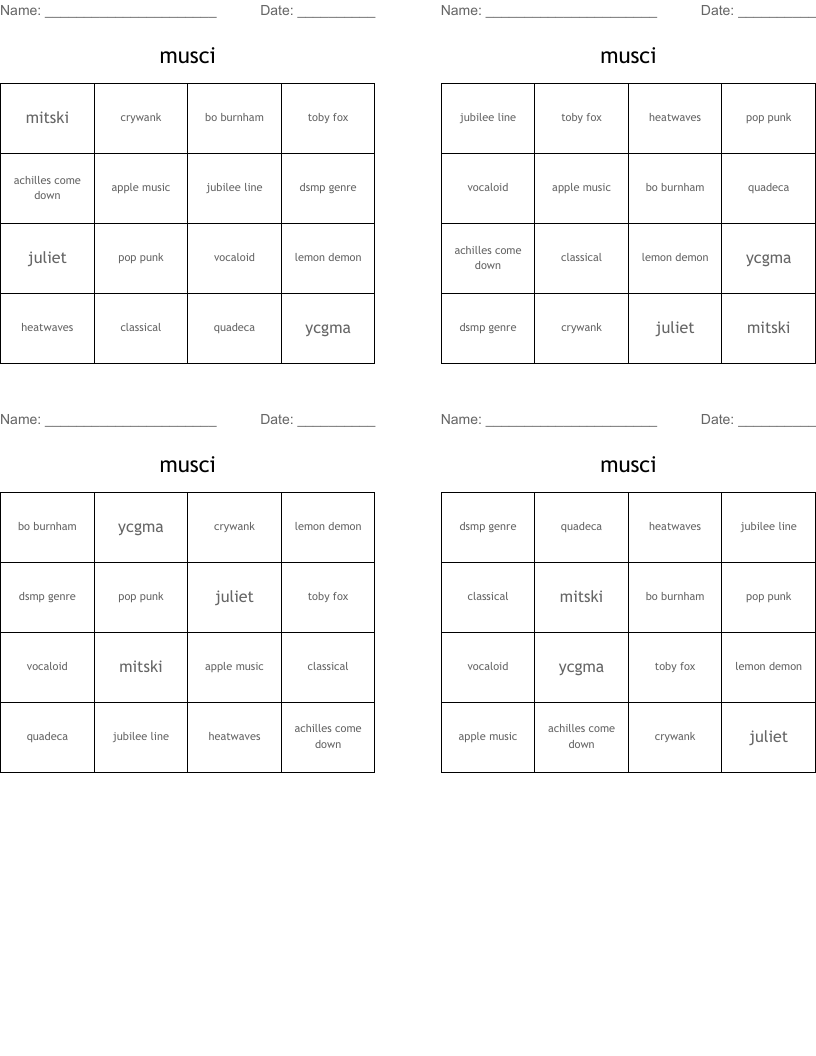 musci Bingo Cards