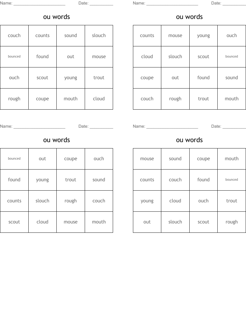 ou words Bingo Cards