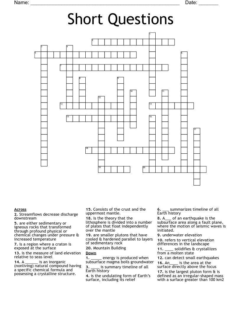 Short Questions  Crossword