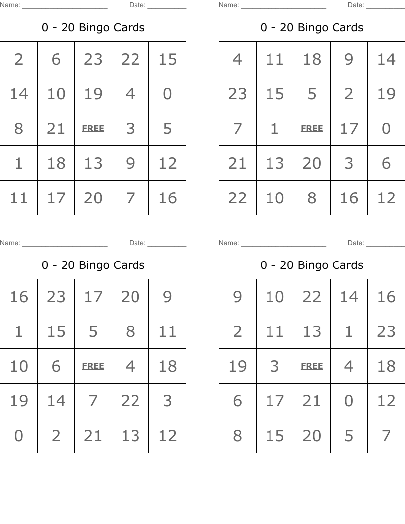 0 - 20 Bingo Cards