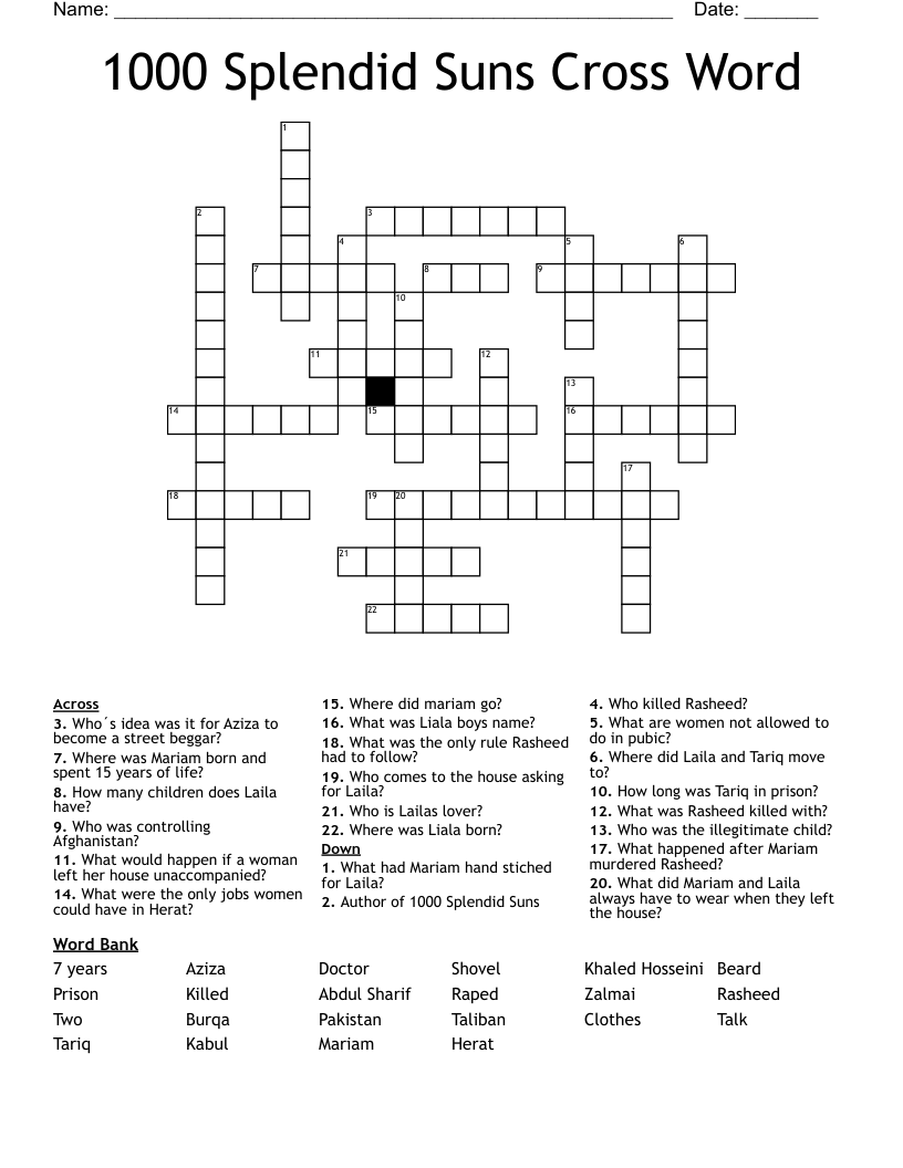 1000 Splendid Suns Cross Word 