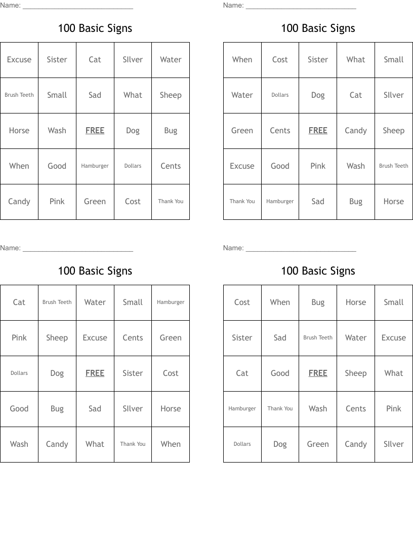 100 Basic Signs Bingo Cards