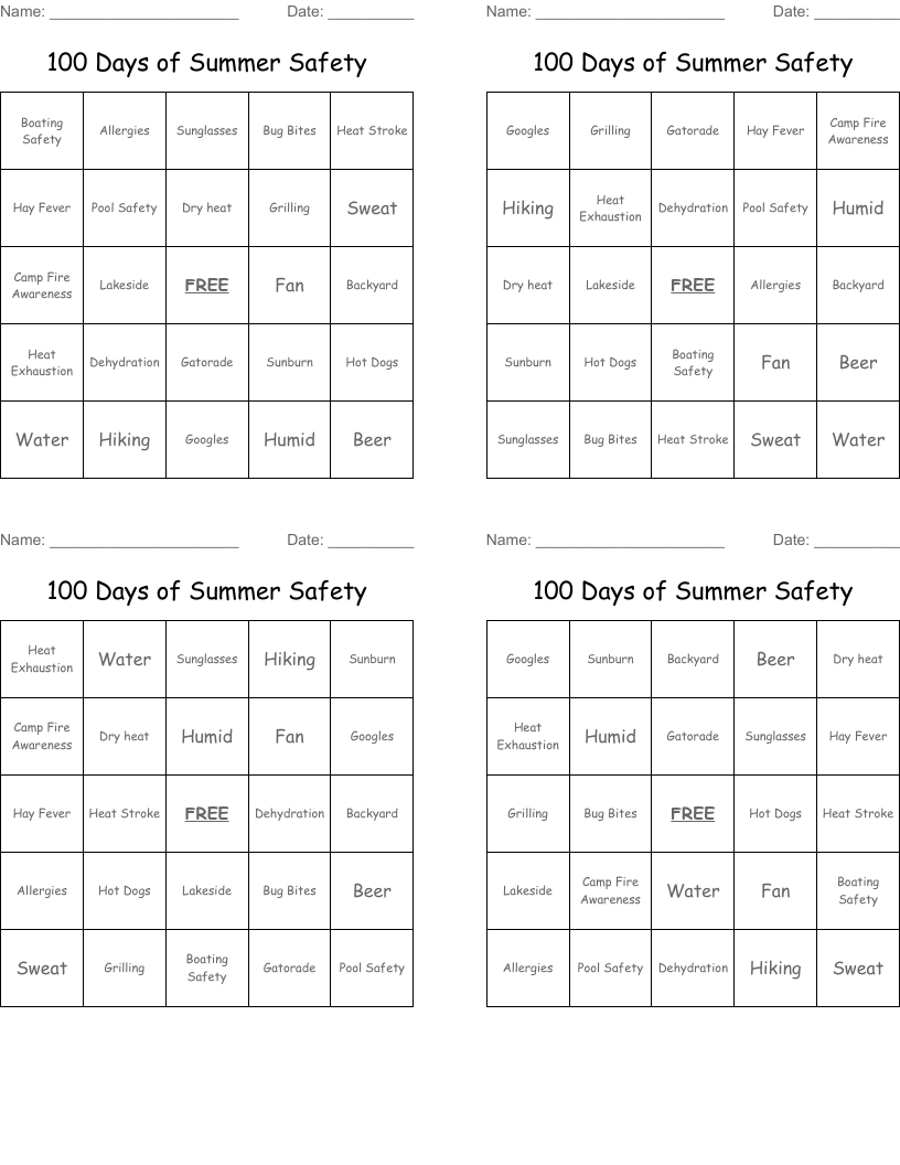 100 Days of Summer Safety Bingo Cards