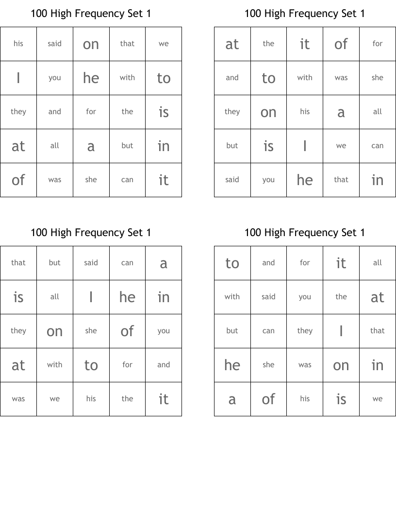 100 High Frequency Set 1 Bingo Cards