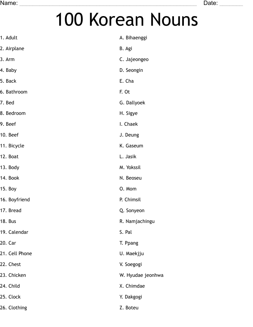 100 Korean Nouns Worksheet