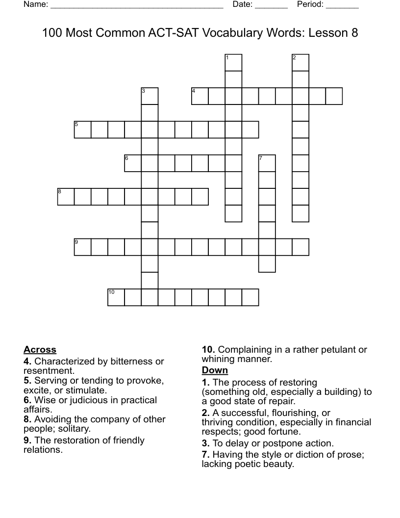100 Most Common ACT-SAT Vocabulary Words: Lesson 8 Crossword