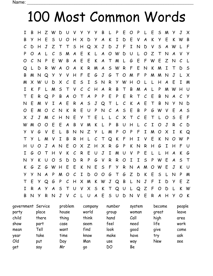 100 Most Common Words Word Search