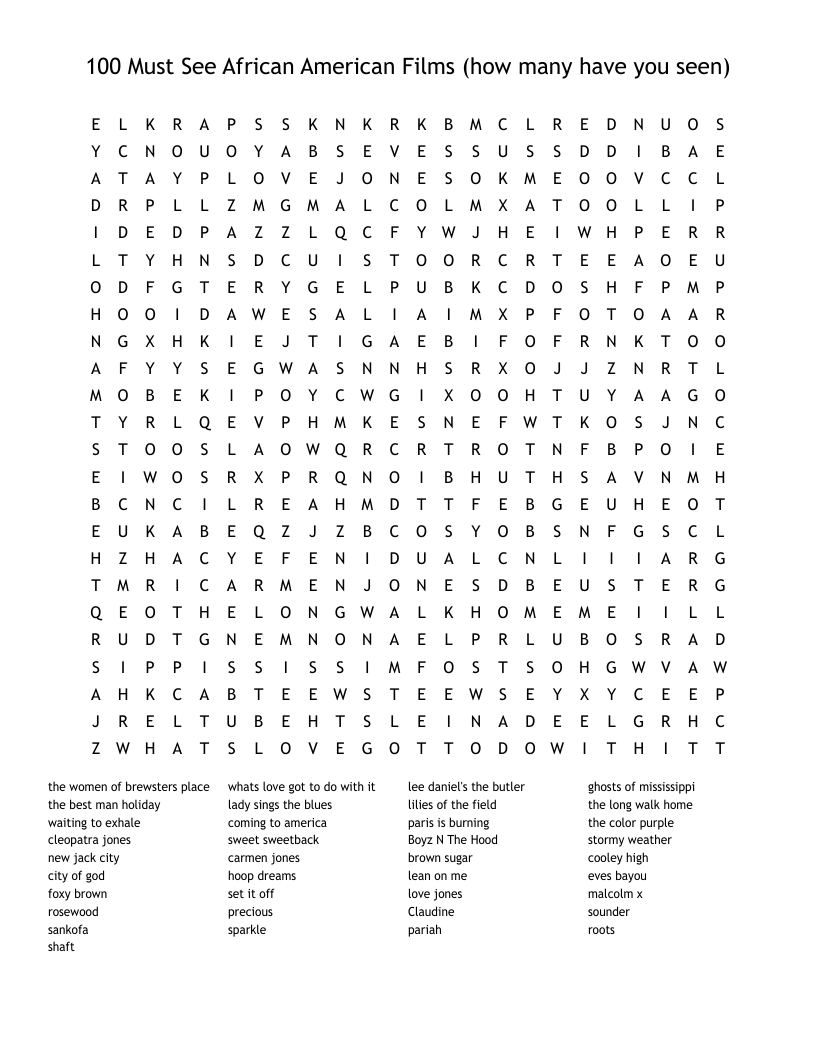 100 Must See African American Films (how many have you seen) Word Search