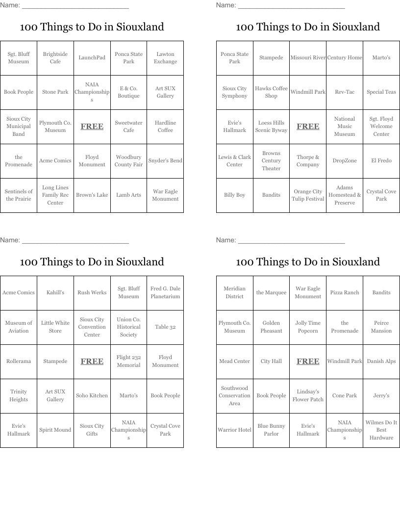 100 Things to Do in Siouxland Bingo Cards