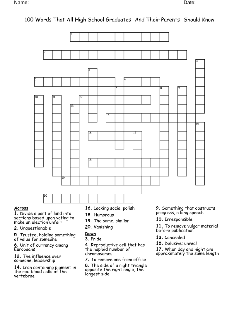 100 Words That All High School Graduates- And Their Parents- Should Know Crossword