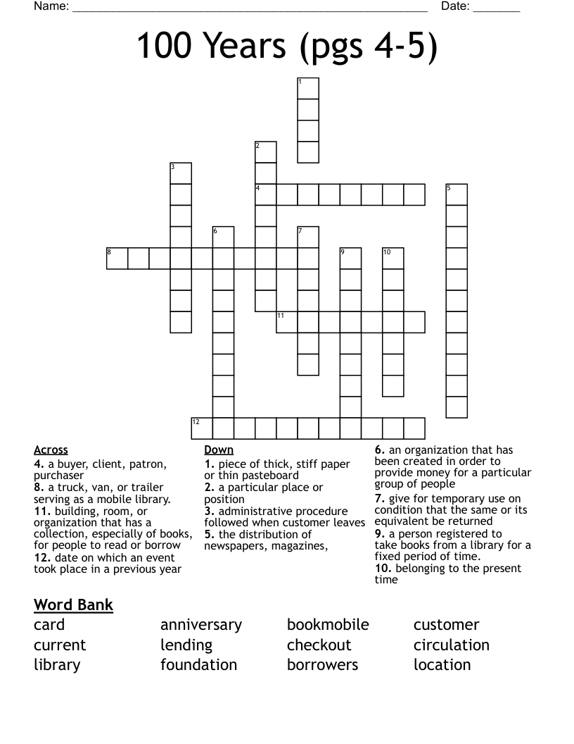 100 Years (pgs 4-5) Crossword