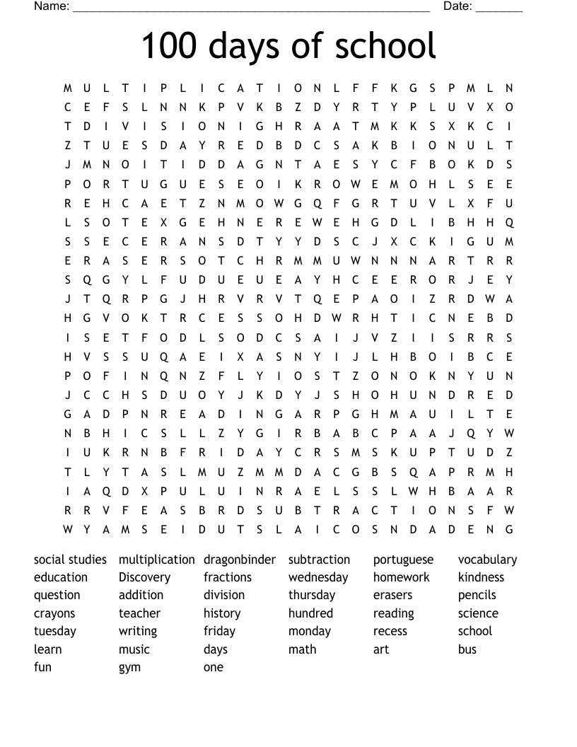 100 days of school Word Search