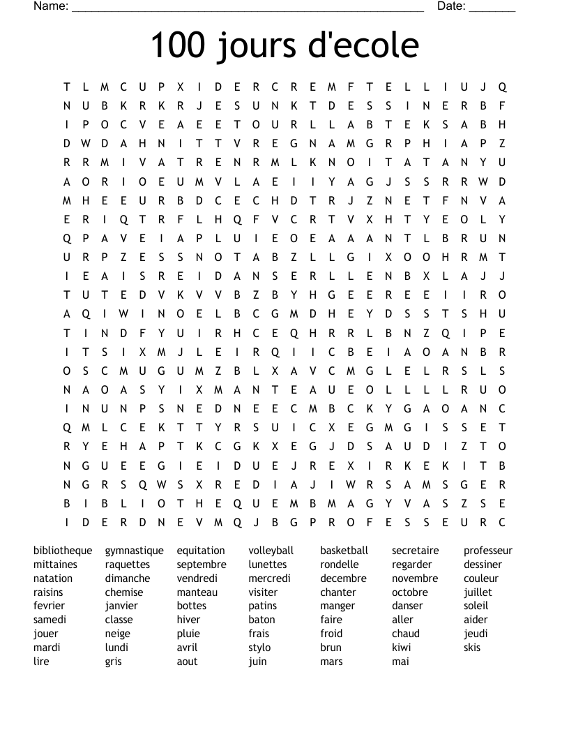 100 jours d'ecole Word Search
