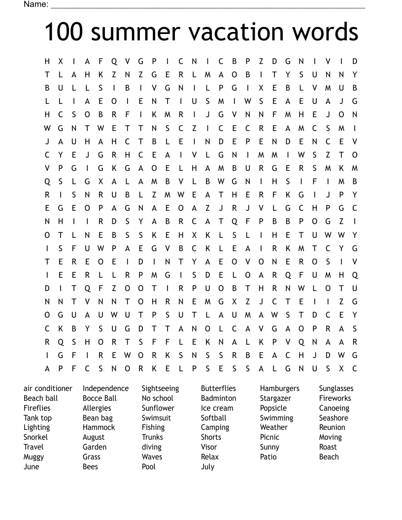 100 summer vacation words Word Search