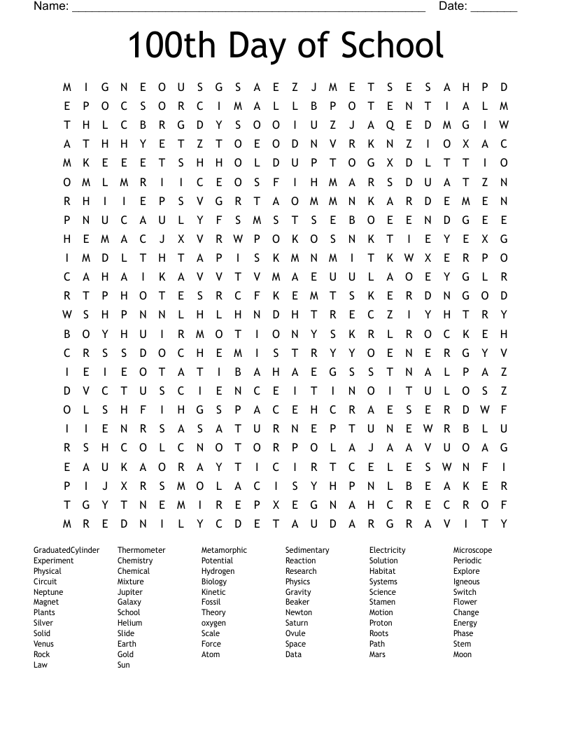 100th Day of School Word Search