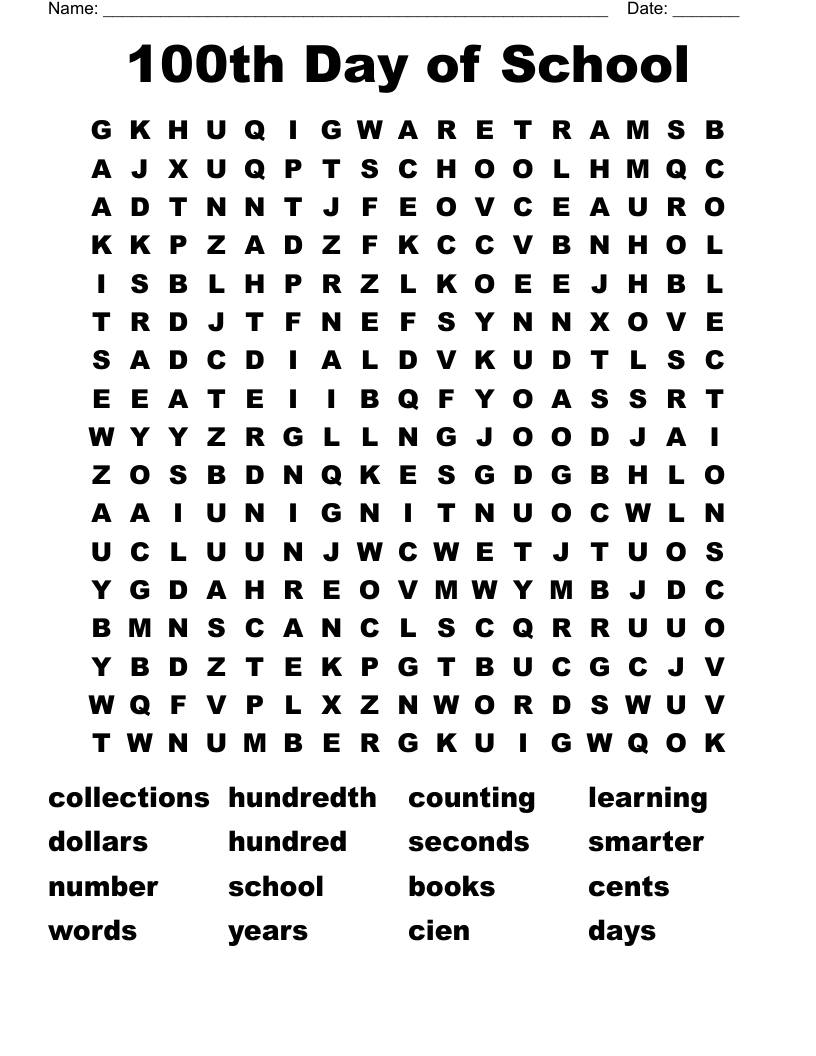 100th Day of School Word Search
