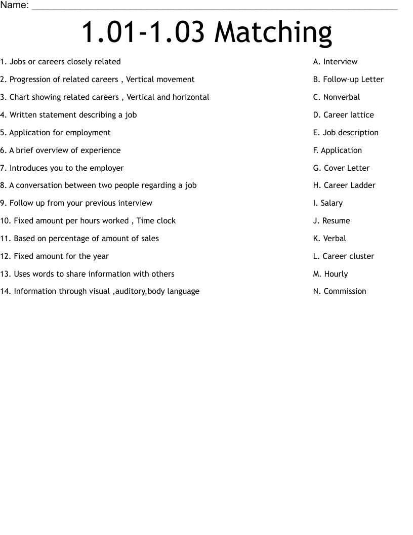 1.01-1.03 Matching  Worksheet