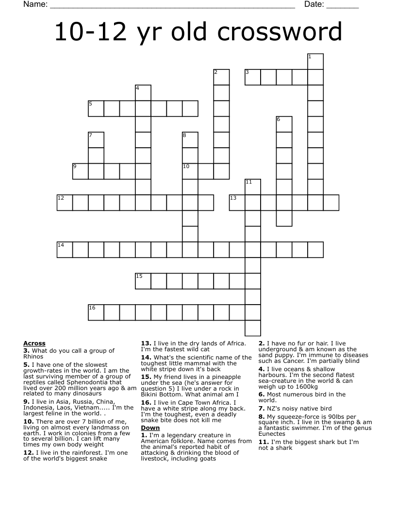10-12 yr old crossword