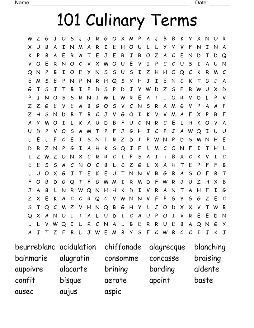 101 Culinary Terms Word Search