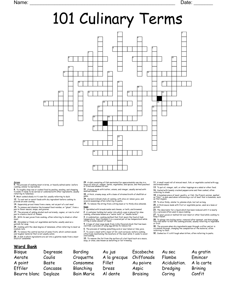 101 Culinary Terms Crossword