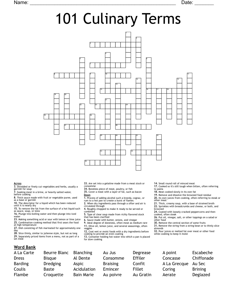 101 Culinary Terms Crossword