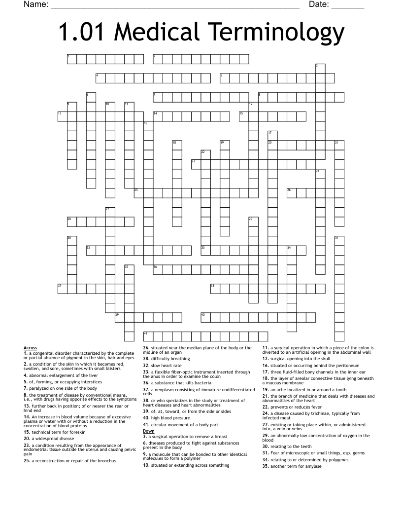 1.01 Medical Terminology  Crossword
