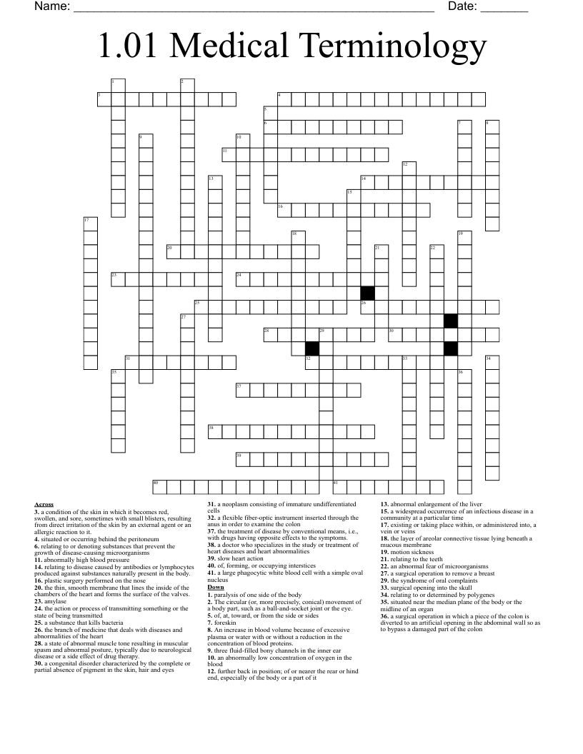 1.01 Medical Terminology  Crossword