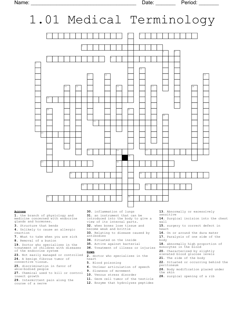 1.01 Medical Terminology  Crossword