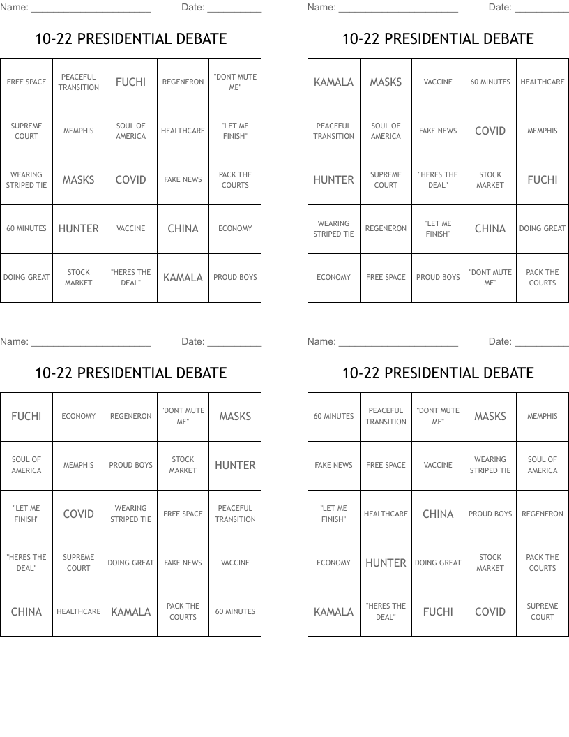 10-22 PRESIDENTIAL DEBATE Bingo Cards