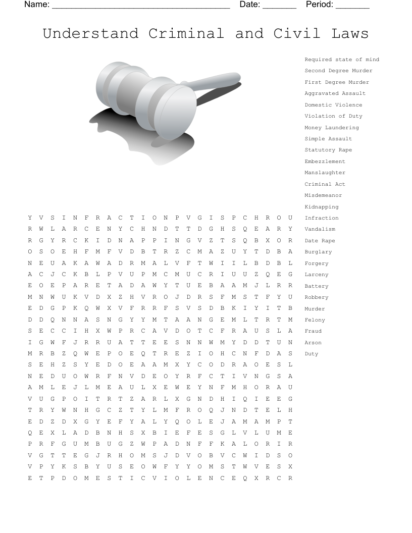 Understand Criminal and Civil Laws Word Search
