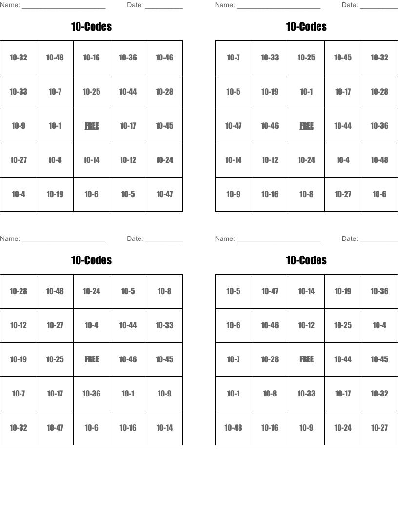 10-Codes Bingo Cards