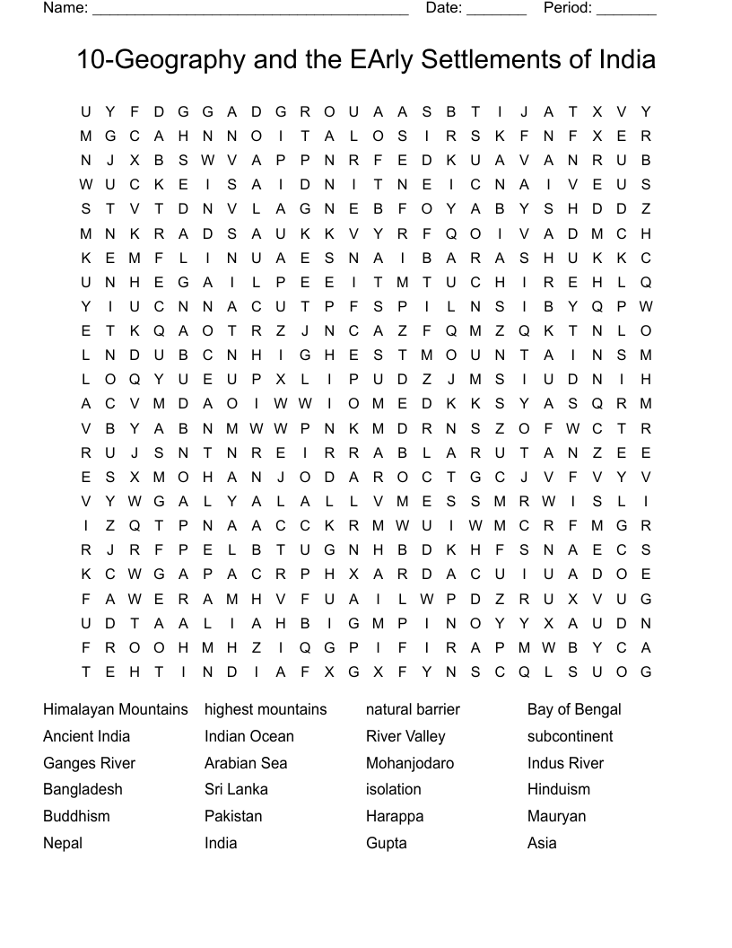 10-Geography and the EArly Settlements of India Word Search