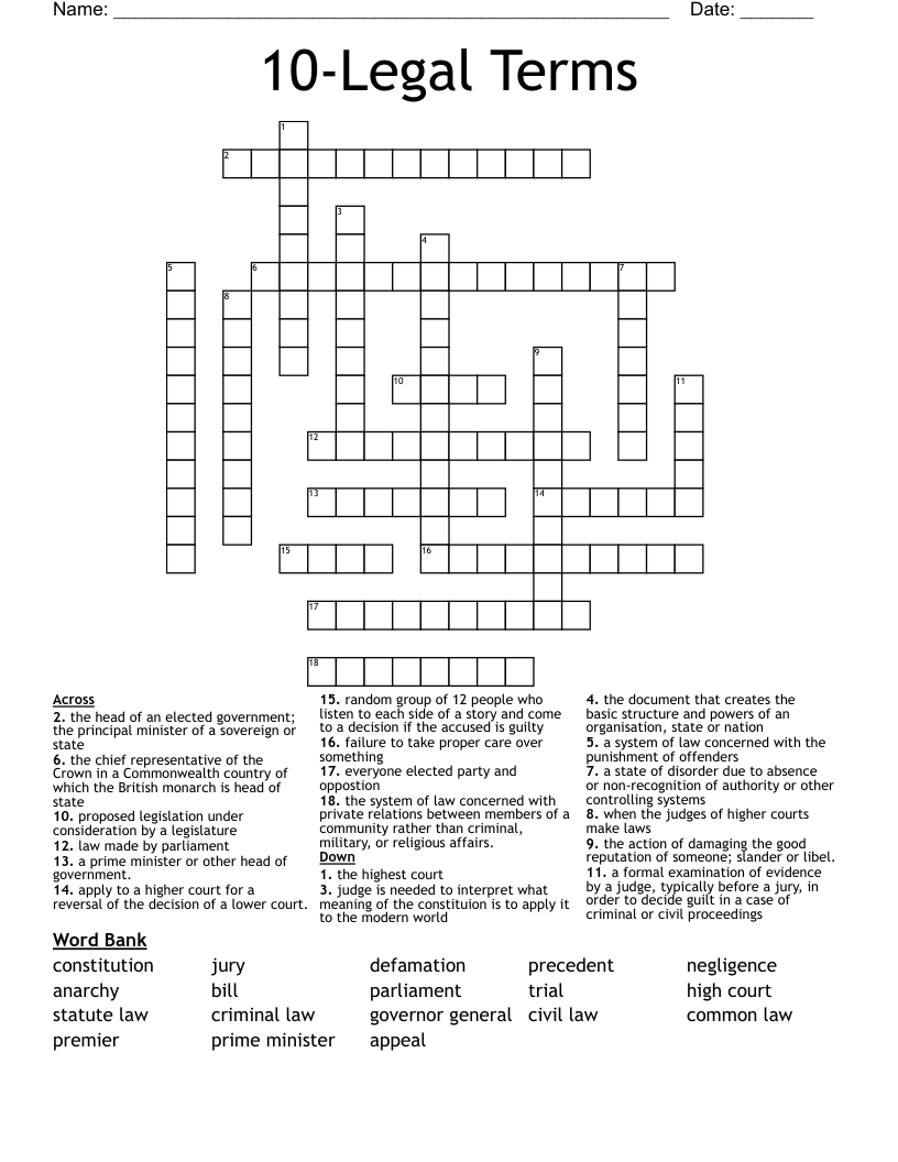 10-Legal Terms Crossword