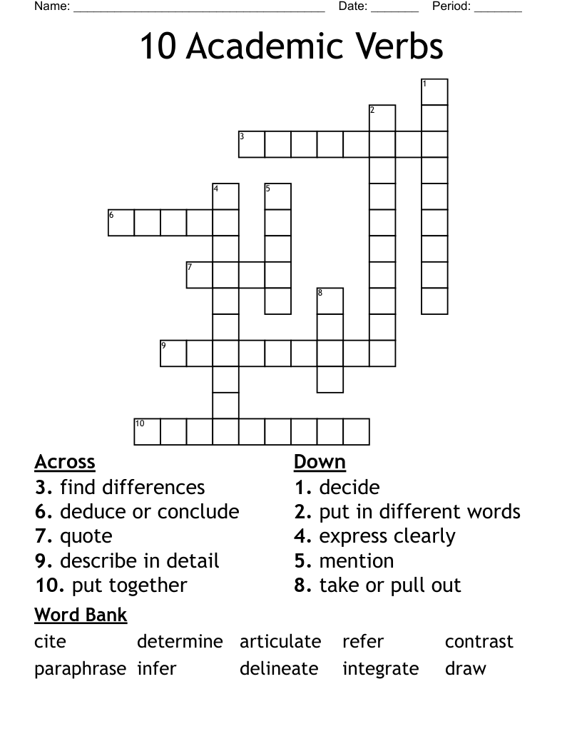 10 Academic Verbs Crossword