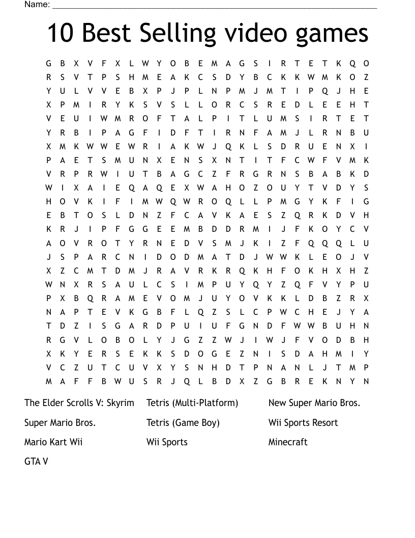 10 Best Selling video games Word Search