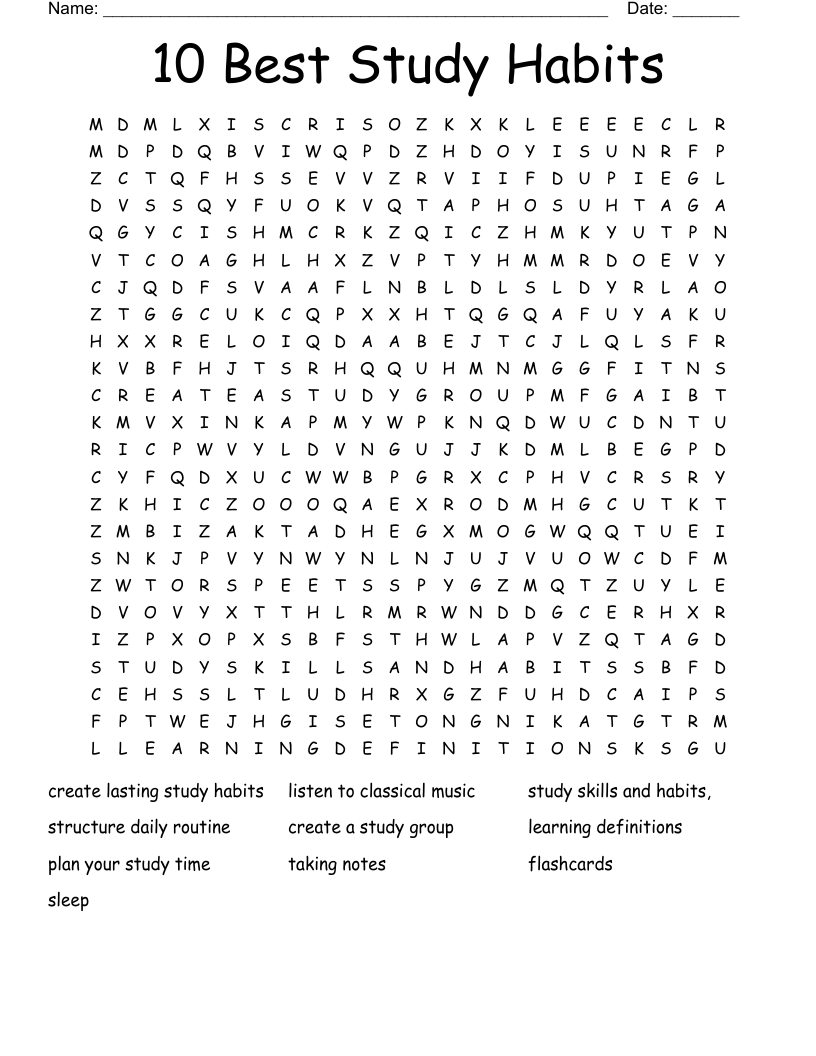 10 Best Study Habits Word Search
