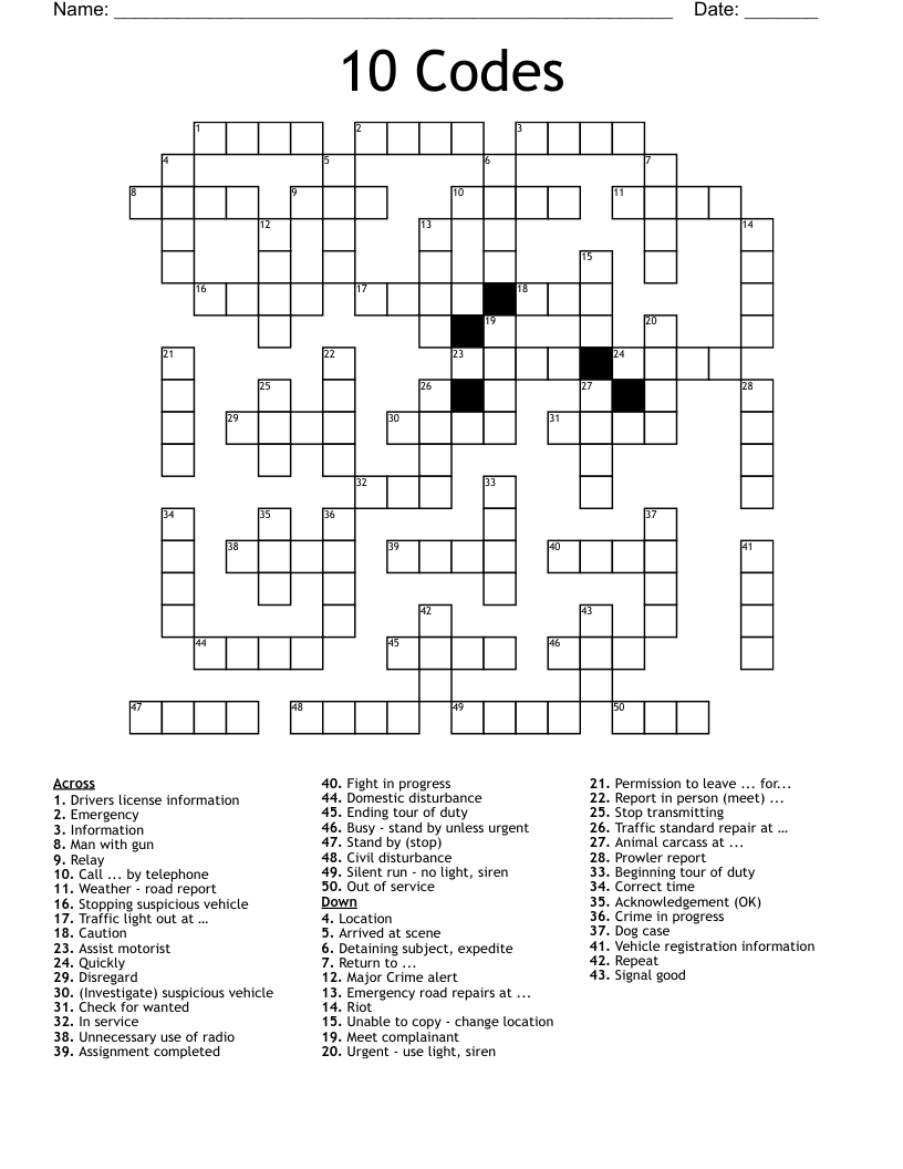 10 Codes Crossword